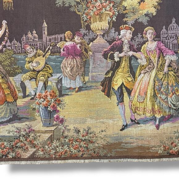 VTG Antique Moonlight Serenade Belgian Tapestry Wall Hanging Rococo 38” X 20” - Picture 8 of 16